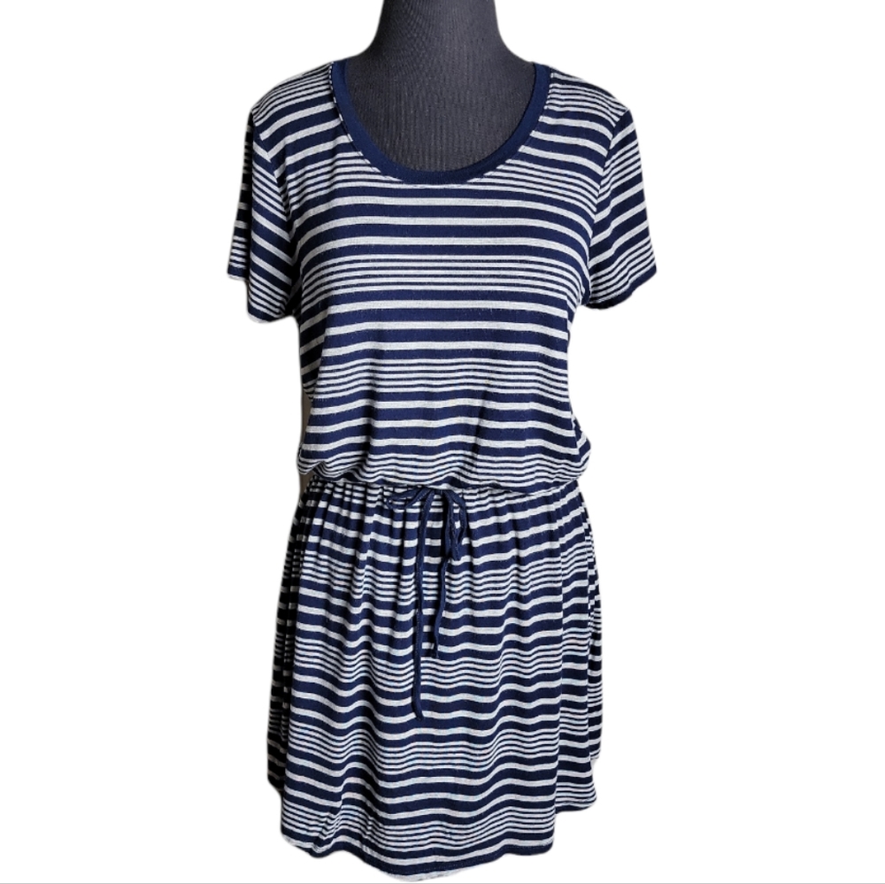 Olive & Oak women’s large blue gray stripe drawstring scoop neck t shirt dress